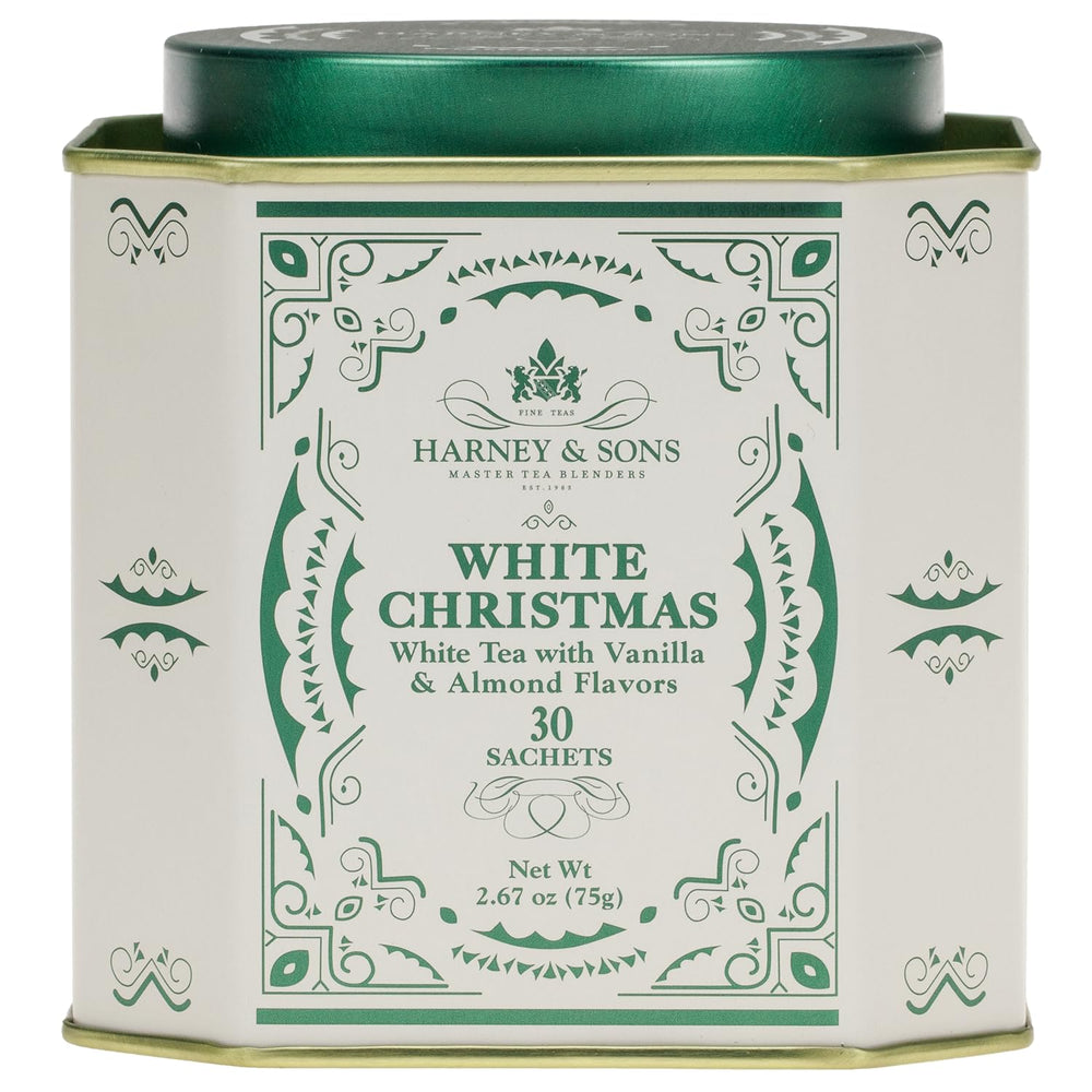 Harney & Sons White Christmas tea tin with 30 sachets for easy brewing.