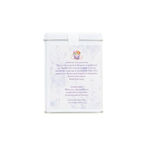 Closeup of Harney & Sons white tea sachets with delicate almond, vanilla, lavender notes.