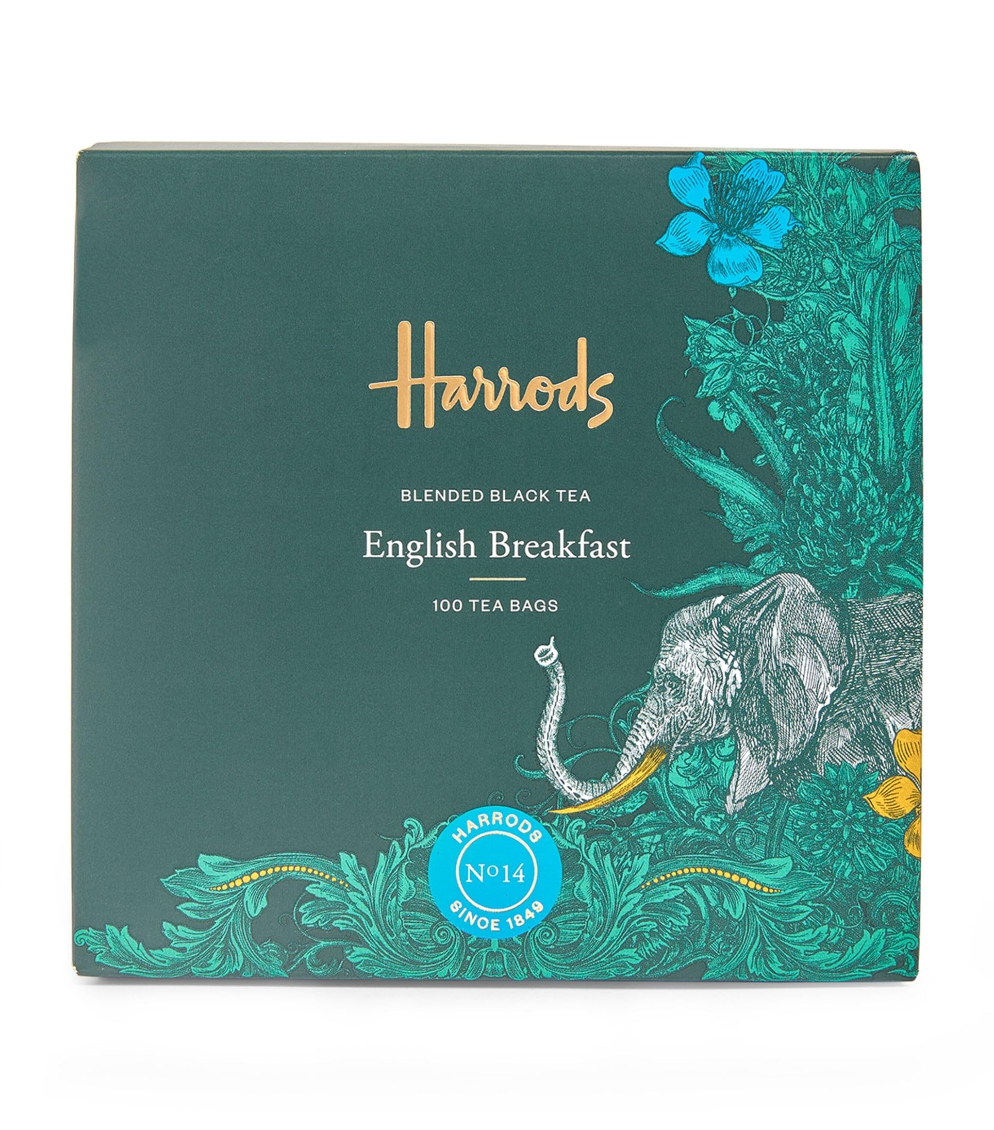 Harrods London English Breakfast tea bags provide a robust morning cup.
