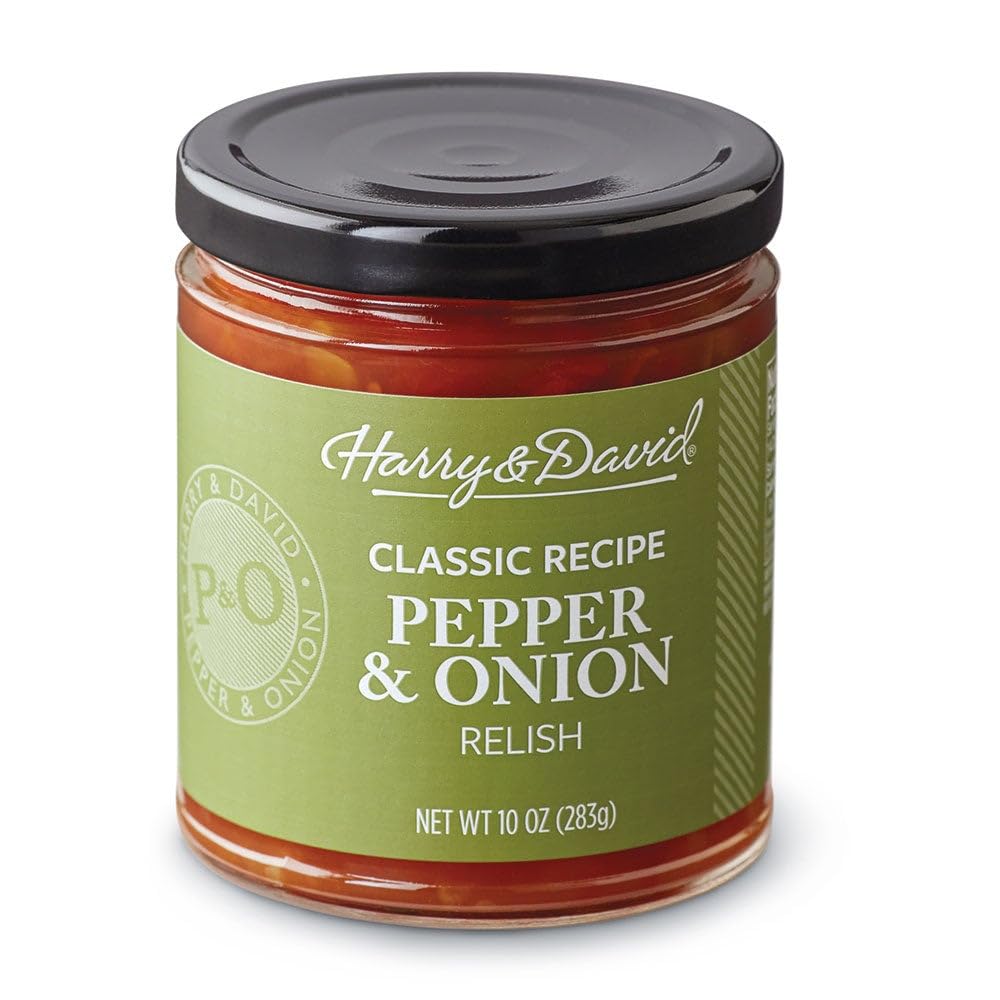 Harry & David Pepper & Onion Relish bottle ready for hot dog topping
