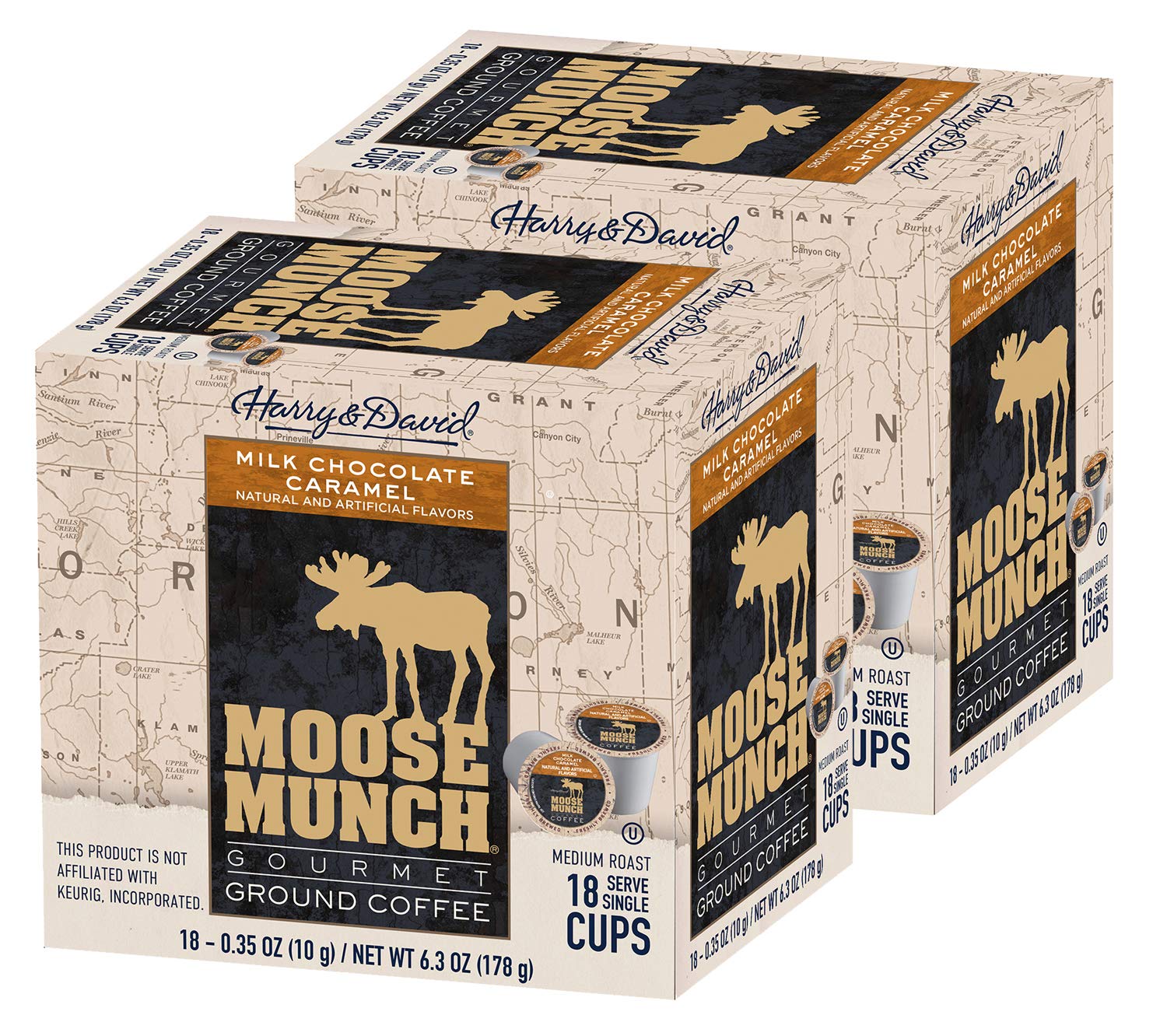 Close-up of Moose Munch coffee cups beans showing 100% Arabica quality.