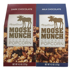 Harry & David Moose Munch popcorn with dark and milk chocolate, ideal for gifting.