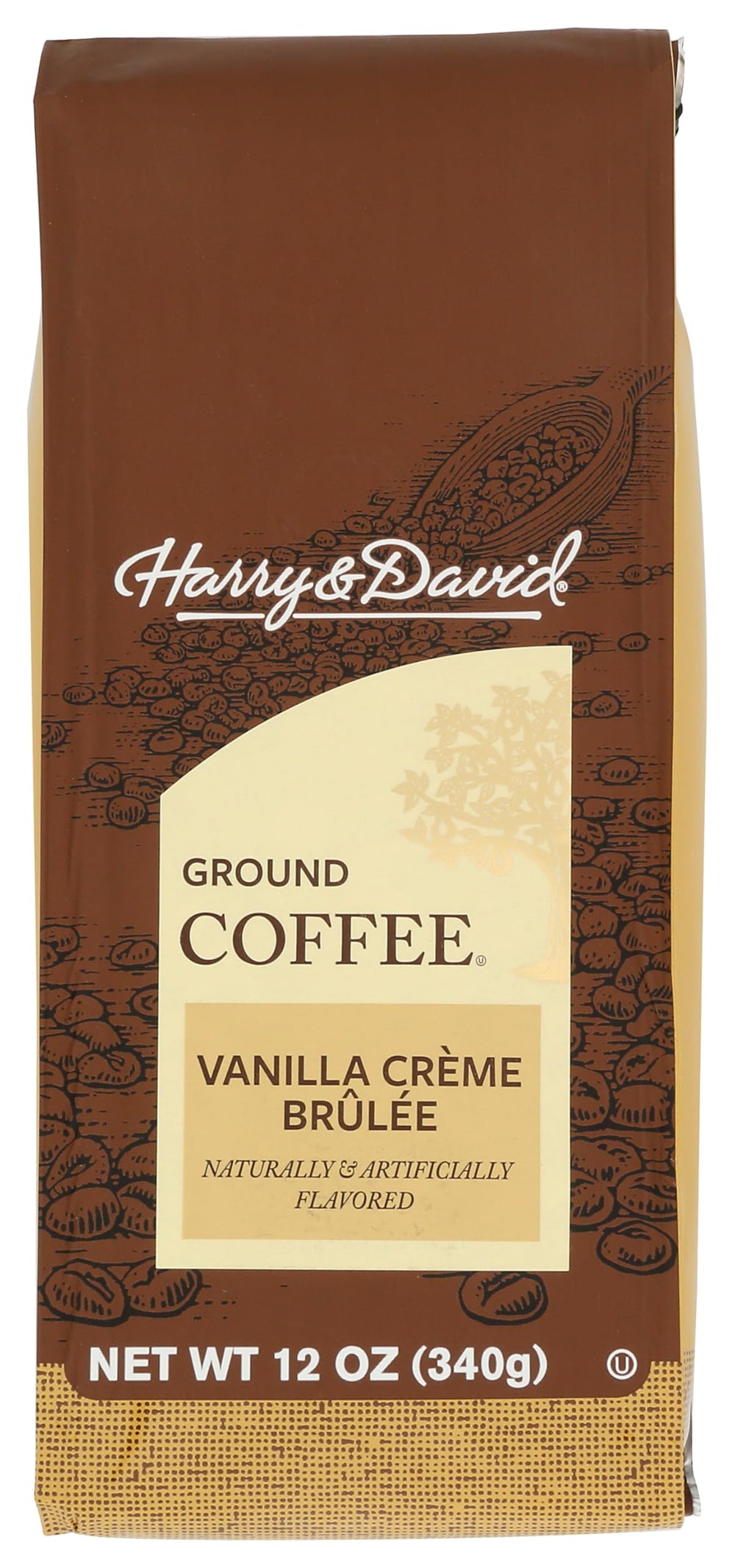 Harry & David Vanilla Creme Brulee ground coffee bag, premium packaging ideal for gifting.