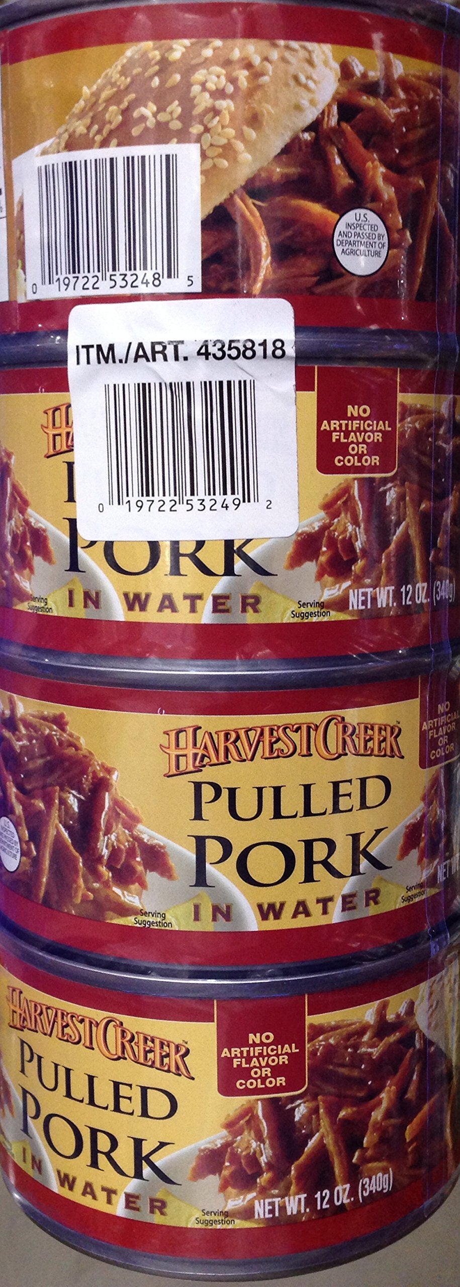 Harvest Creek Pulled Pork in four 12-ounce cans, a convenient pantry staple for quick meals