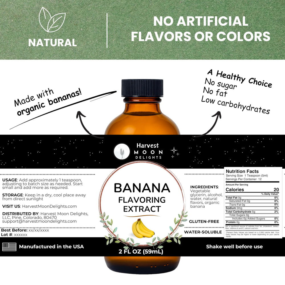 Harvest Moon Delights banana extract label close-up showing quality ingredients