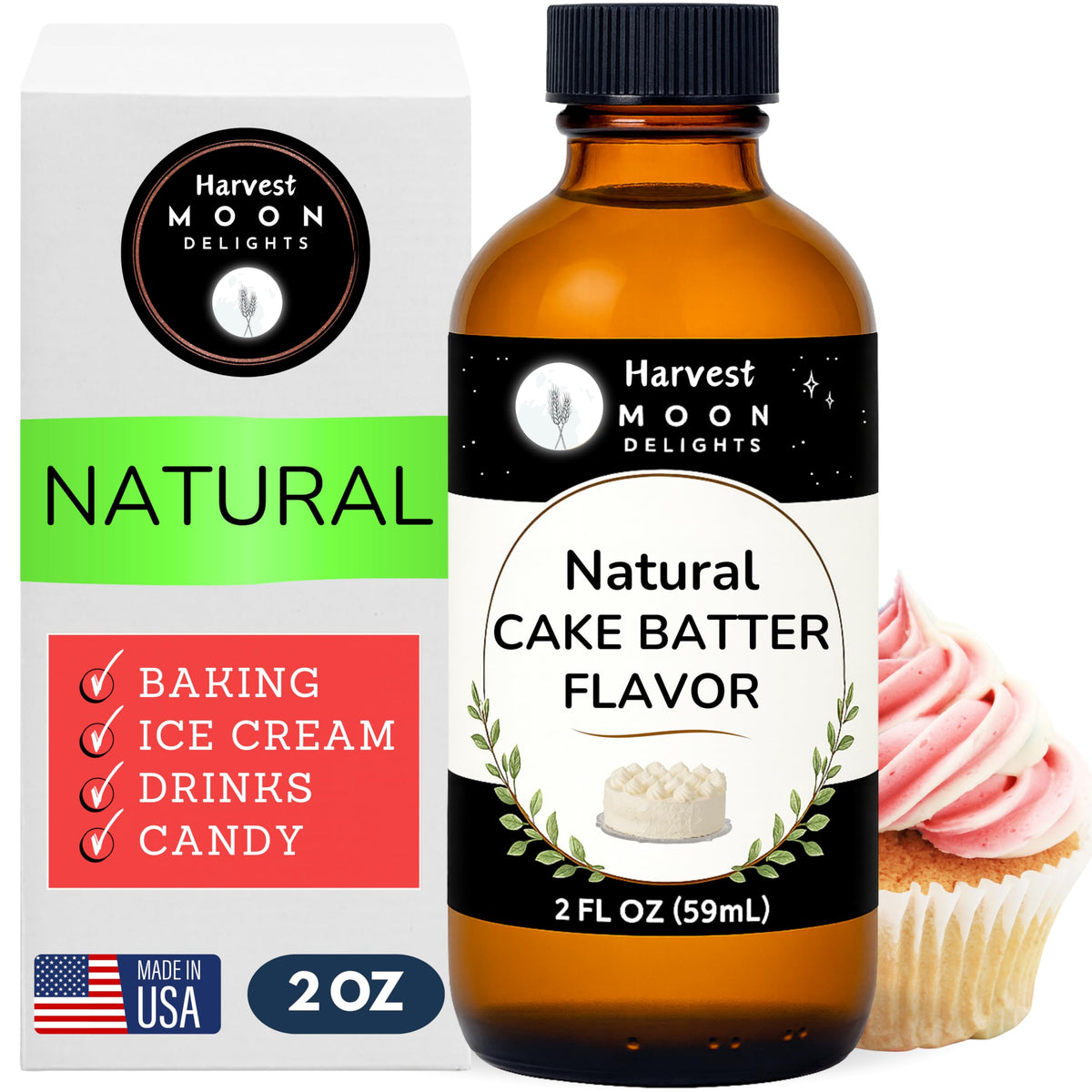Harvest Moon Delights cake batter extract in a 2 oz bottle enhances baked goods