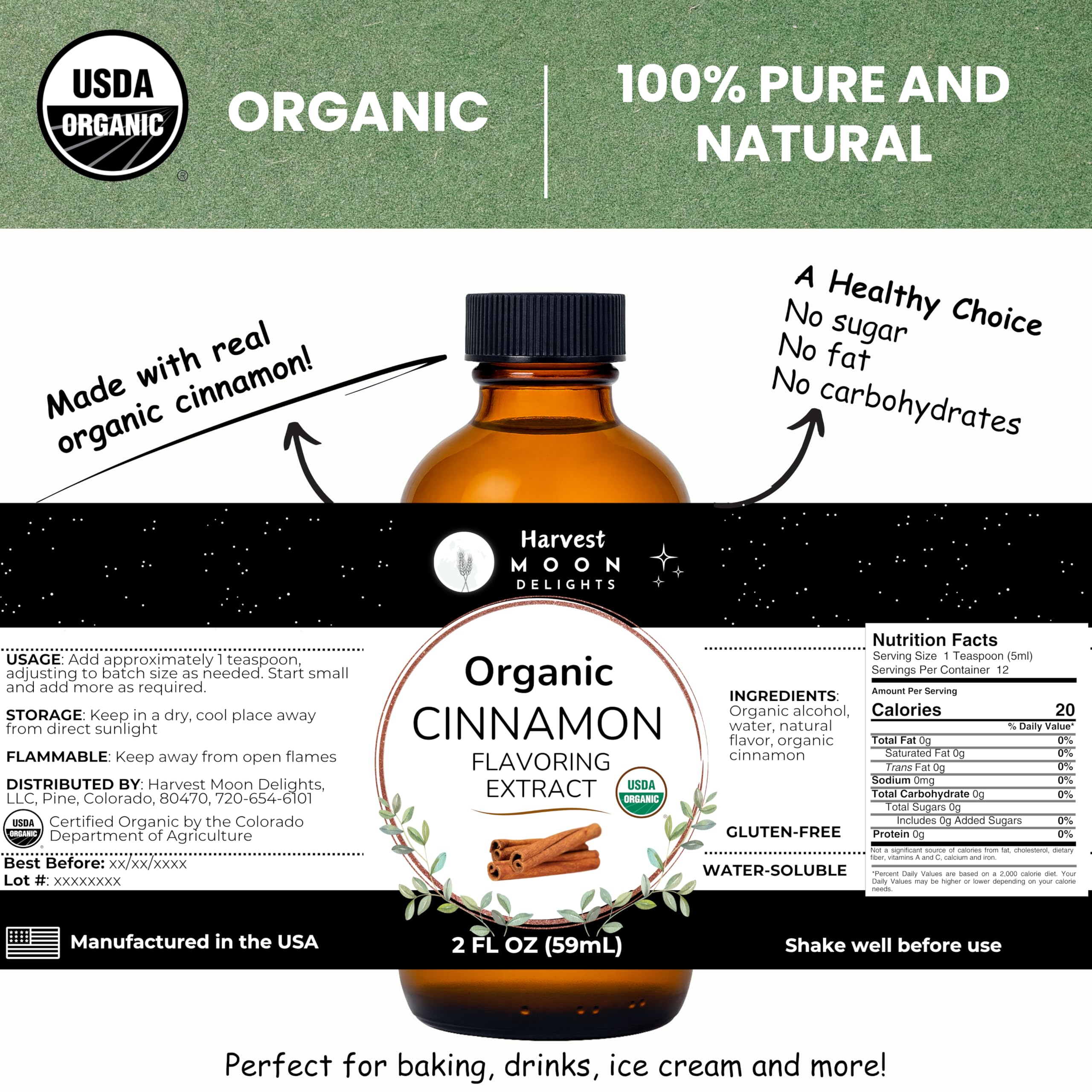 Harvest Moon Delights cinnamon extract bottle pour for warm drinks.