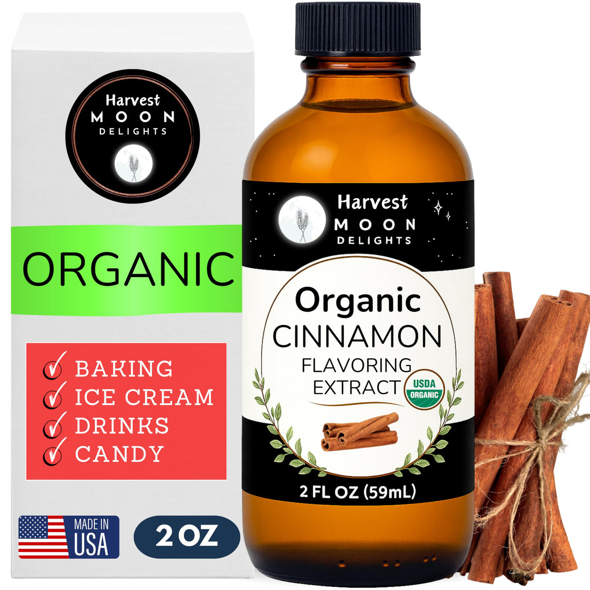 Harvest Moon Delights cinnamon extract bottle for baking and flavoring.