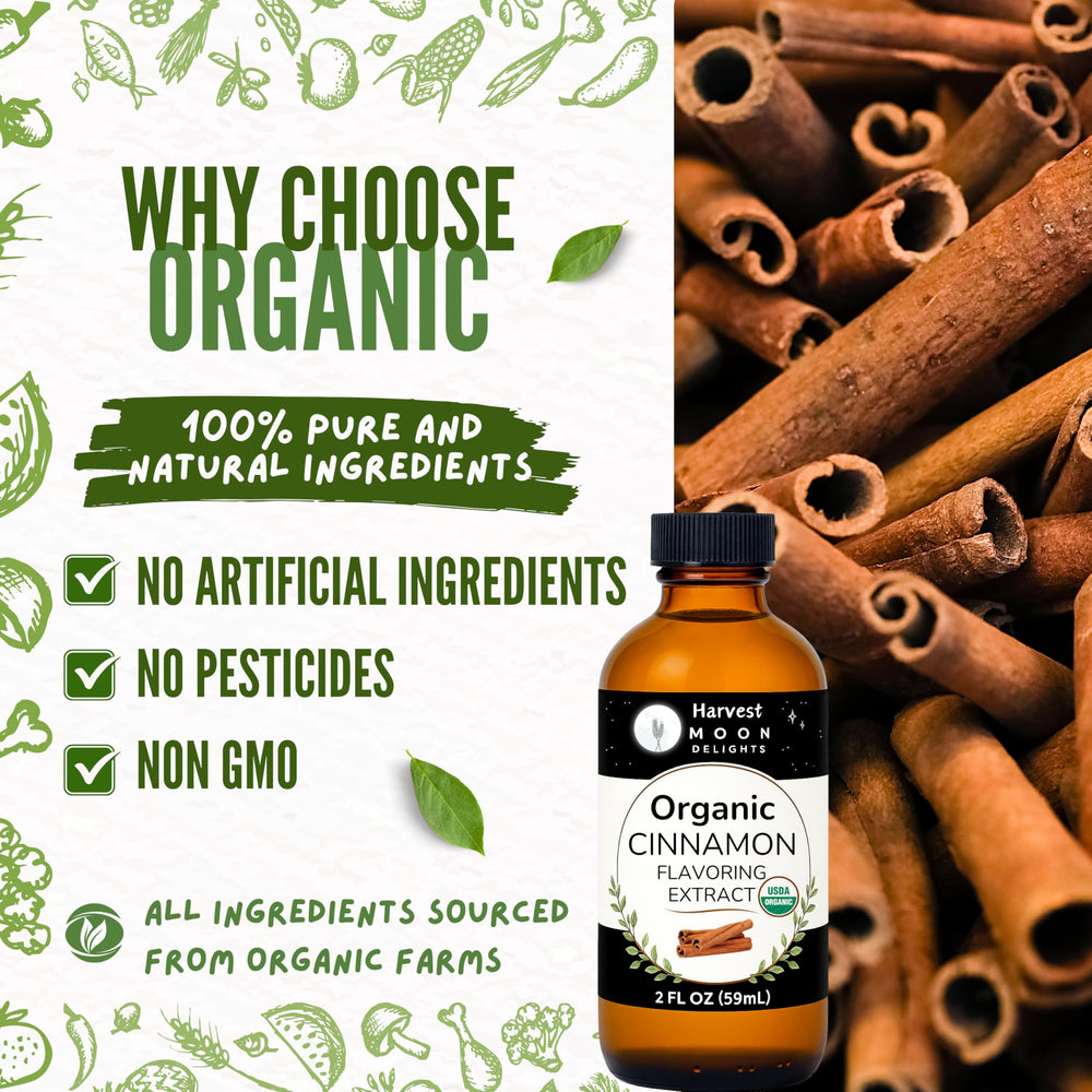 Harvest Moon Delights cinnamon extract label closeup showing organic quality.