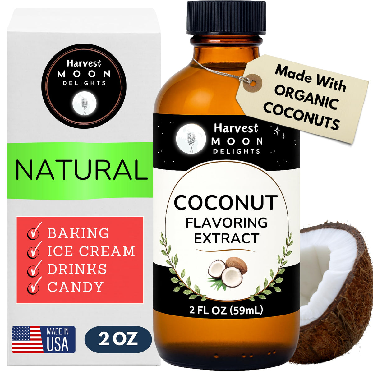Harvest Moon Delights coconut extract bottle showcases premium tropical flavor for baking and beverages.