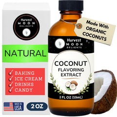 Harvest Moon Delights coconut extract bottle showcases premium tropical flavor for baking and beverages.