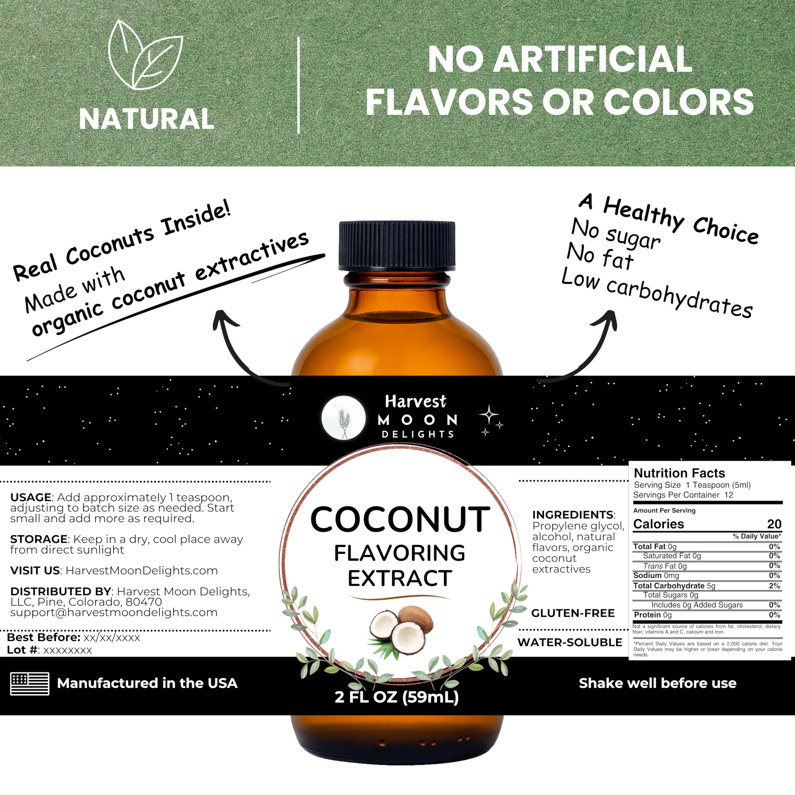 Harvest Moon Delights coconut extract pour demonstrates easy blending into drinks and desserts.