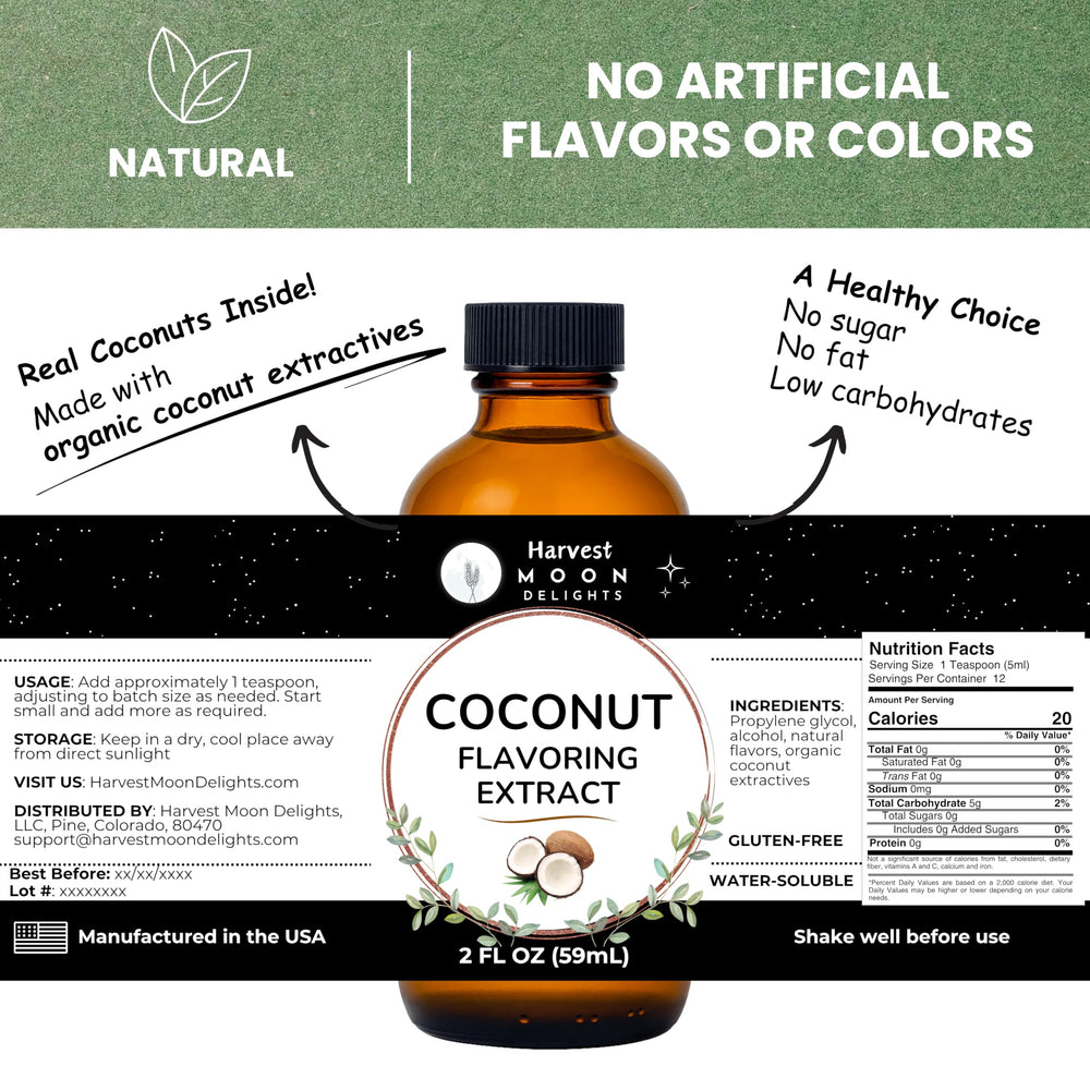 Harvest Moon Delights coconut extract pour demonstrates easy blending into drinks and desserts.