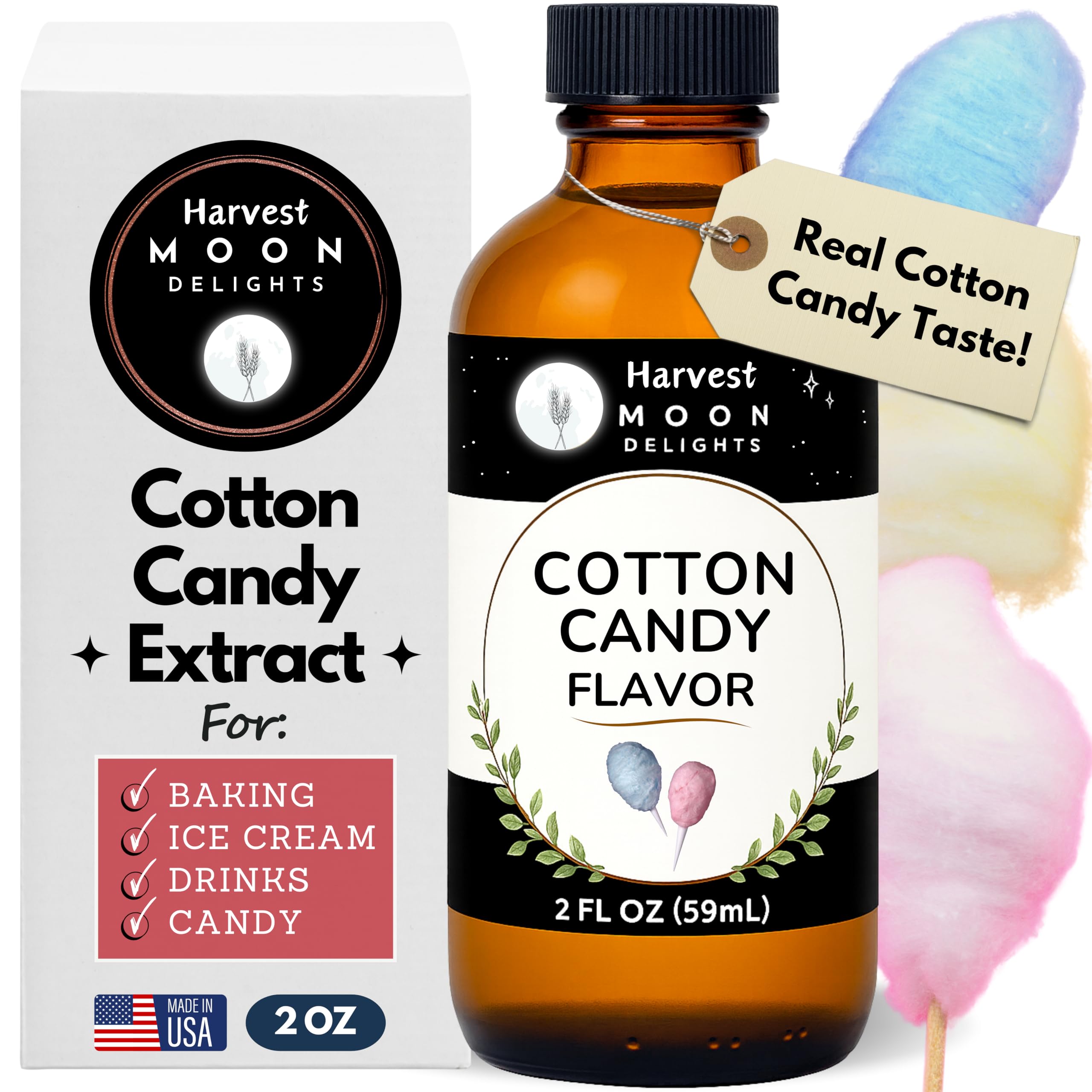 Harvest Moon Delights cotton candy flavoring bottle enhances desserts and beverages