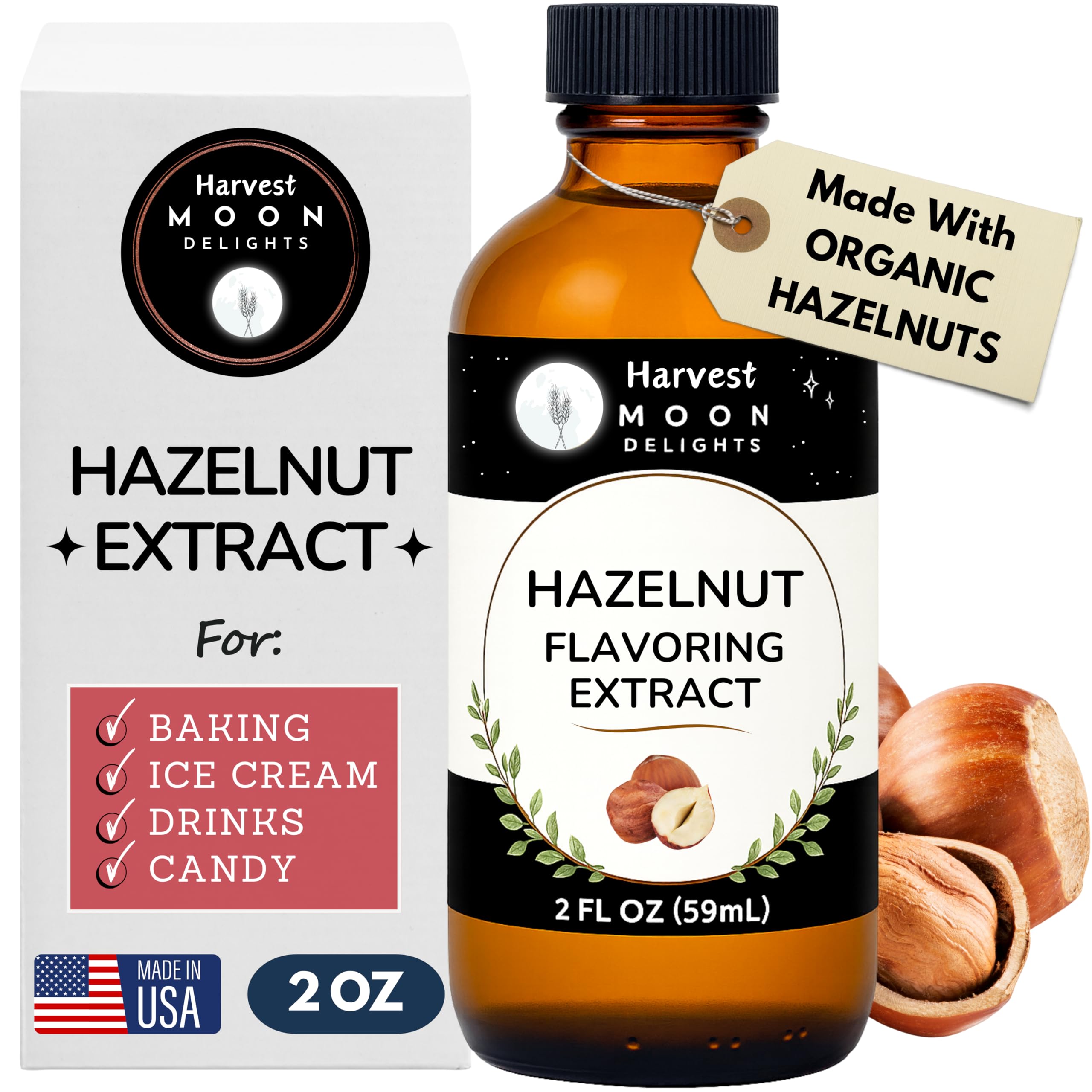 Harvest Moon Delights hazelnut extract bottle pour enhances rich dessert flavor