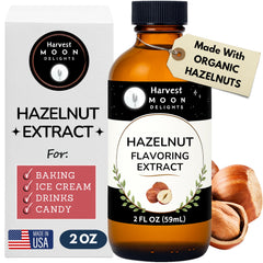 Harvest Moon Delights hazelnut extract bottle pour enhances rich dessert flavor