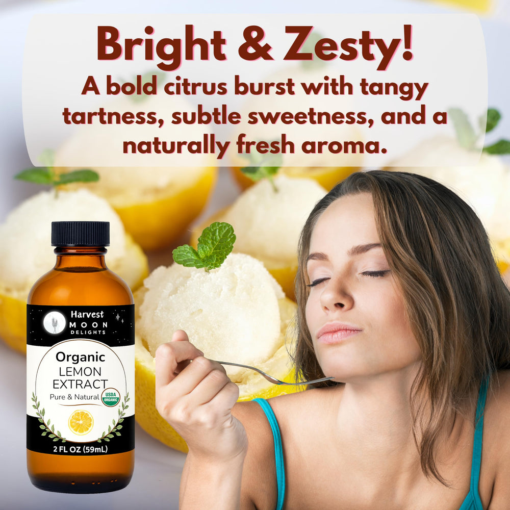 Harvest Moon Delights lemon extract shown beside lemon ice cream