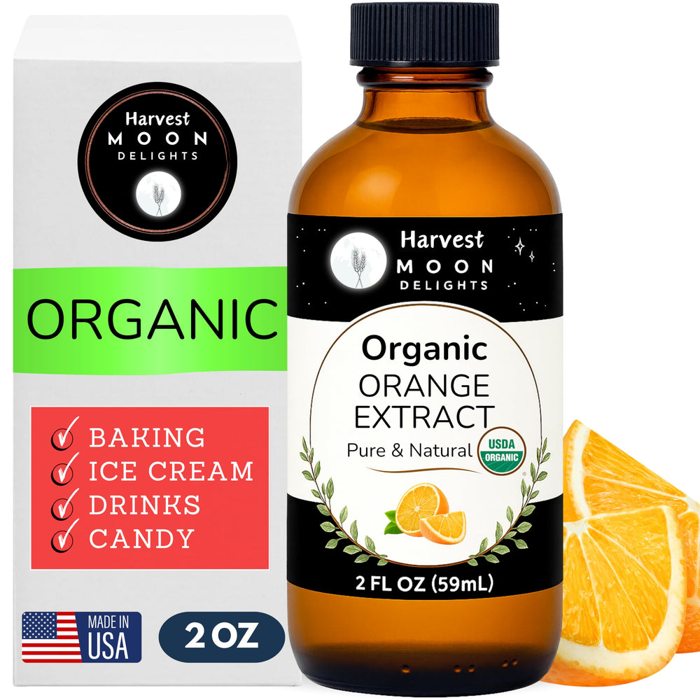 Harvest Moon Delights orange extract bottle showing pure, bright flavor for baking