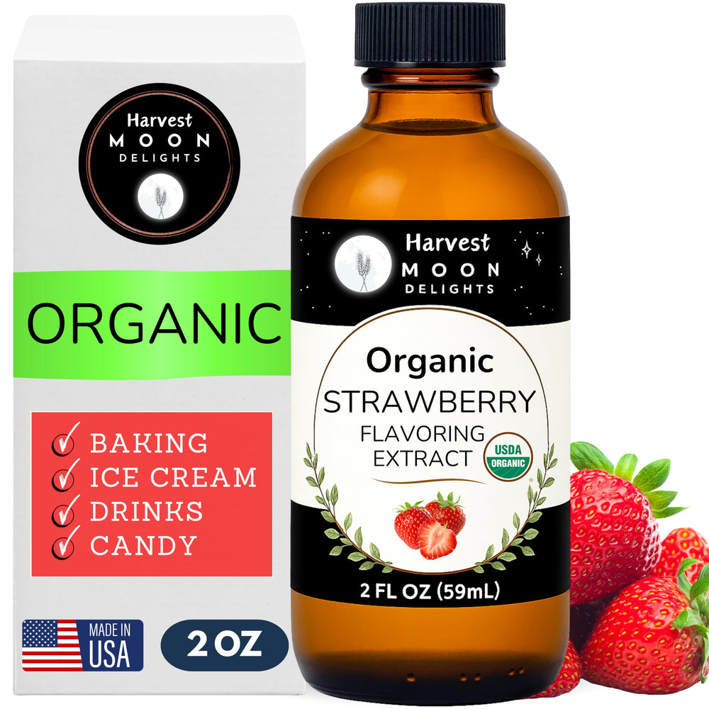Harvest Moon Delights Organic Strawberry Extract bottle delivering premium baking flavor.