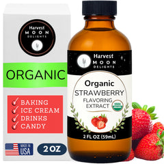 Harvest Moon Delights Organic Strawberry Extract bottle delivering premium baking flavor.