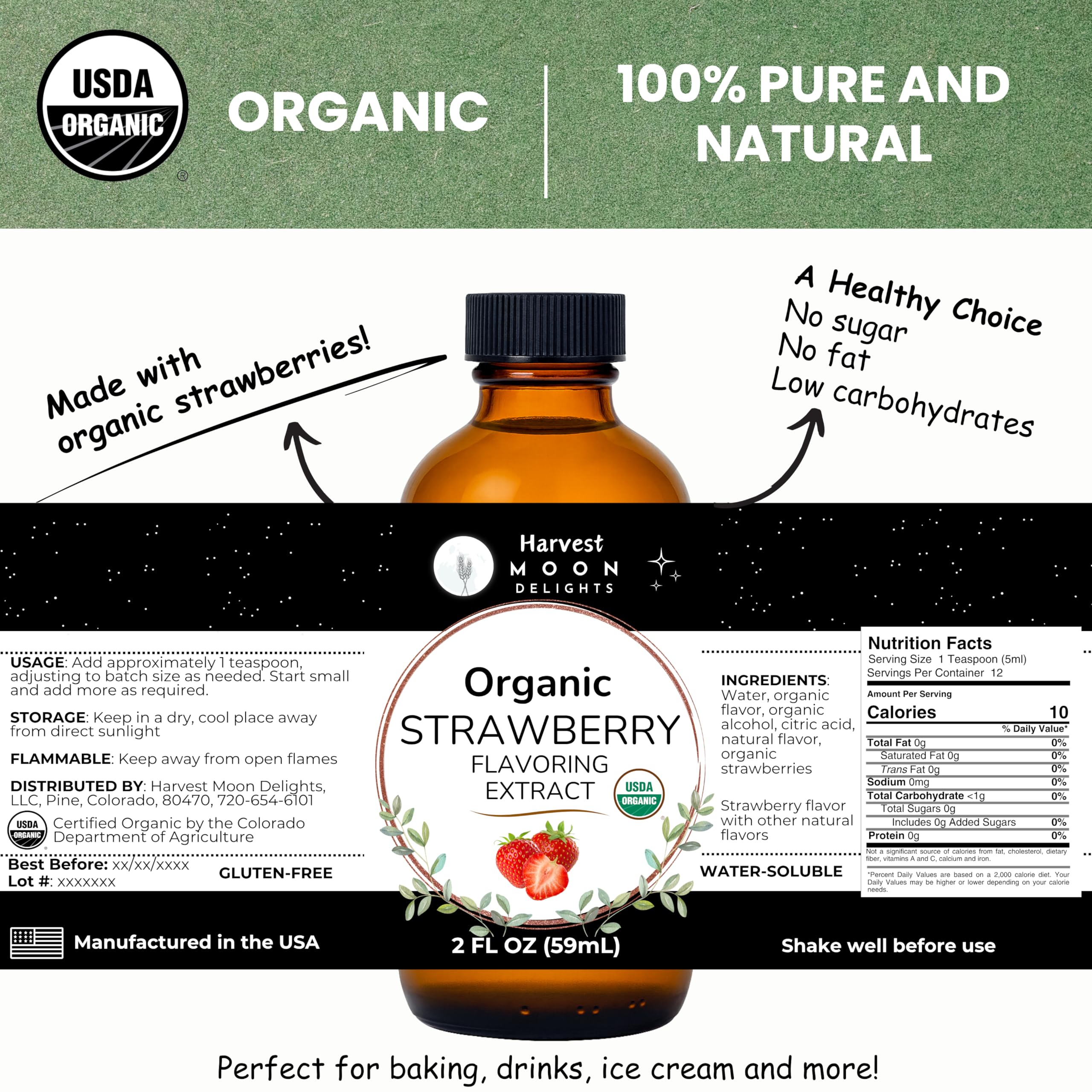 Harvest Moon Delights organic strawberry extract label highlights non-GMO and gluten-free credentials