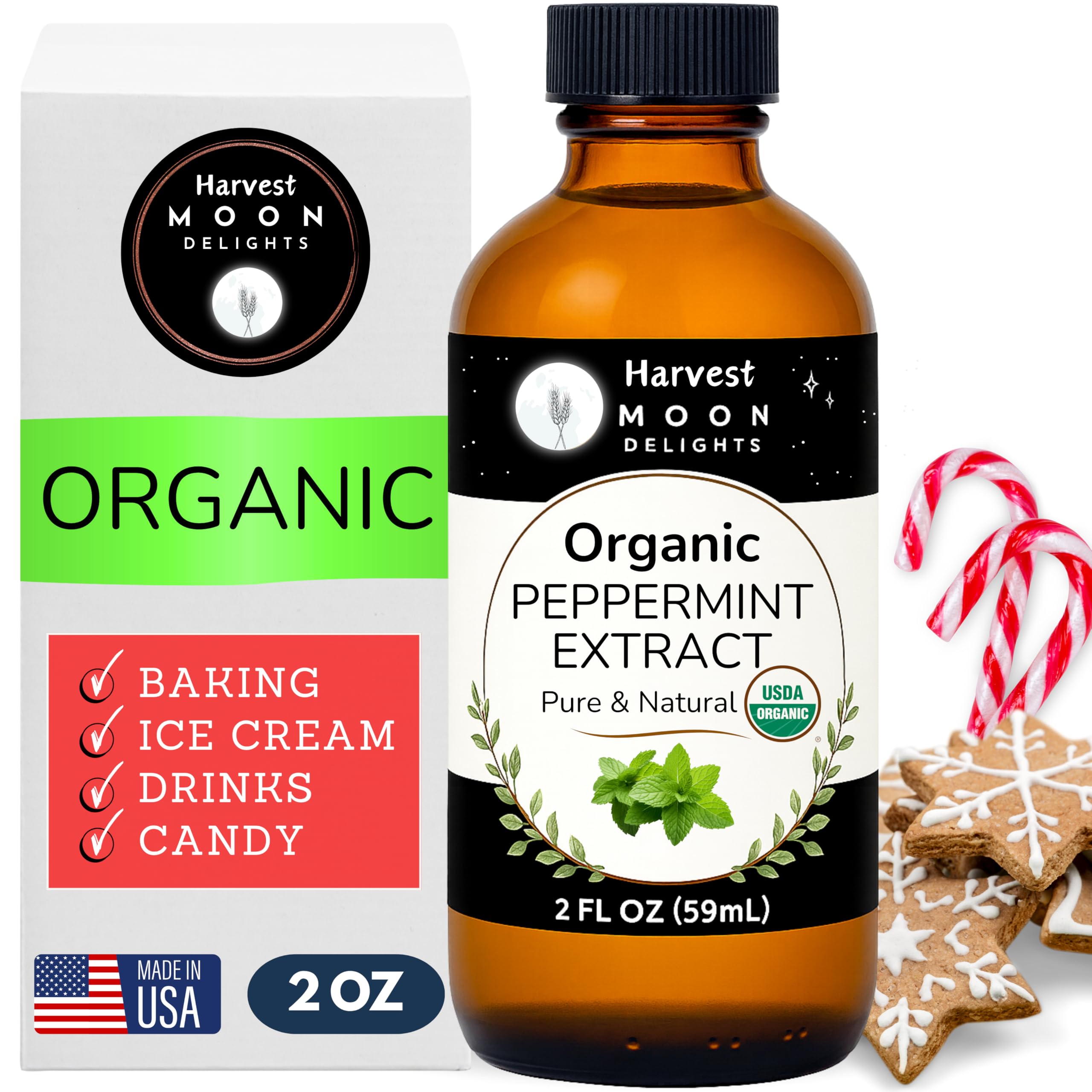 Harvest Moon Delights peppermint extract bottle pour for precise baking flavor