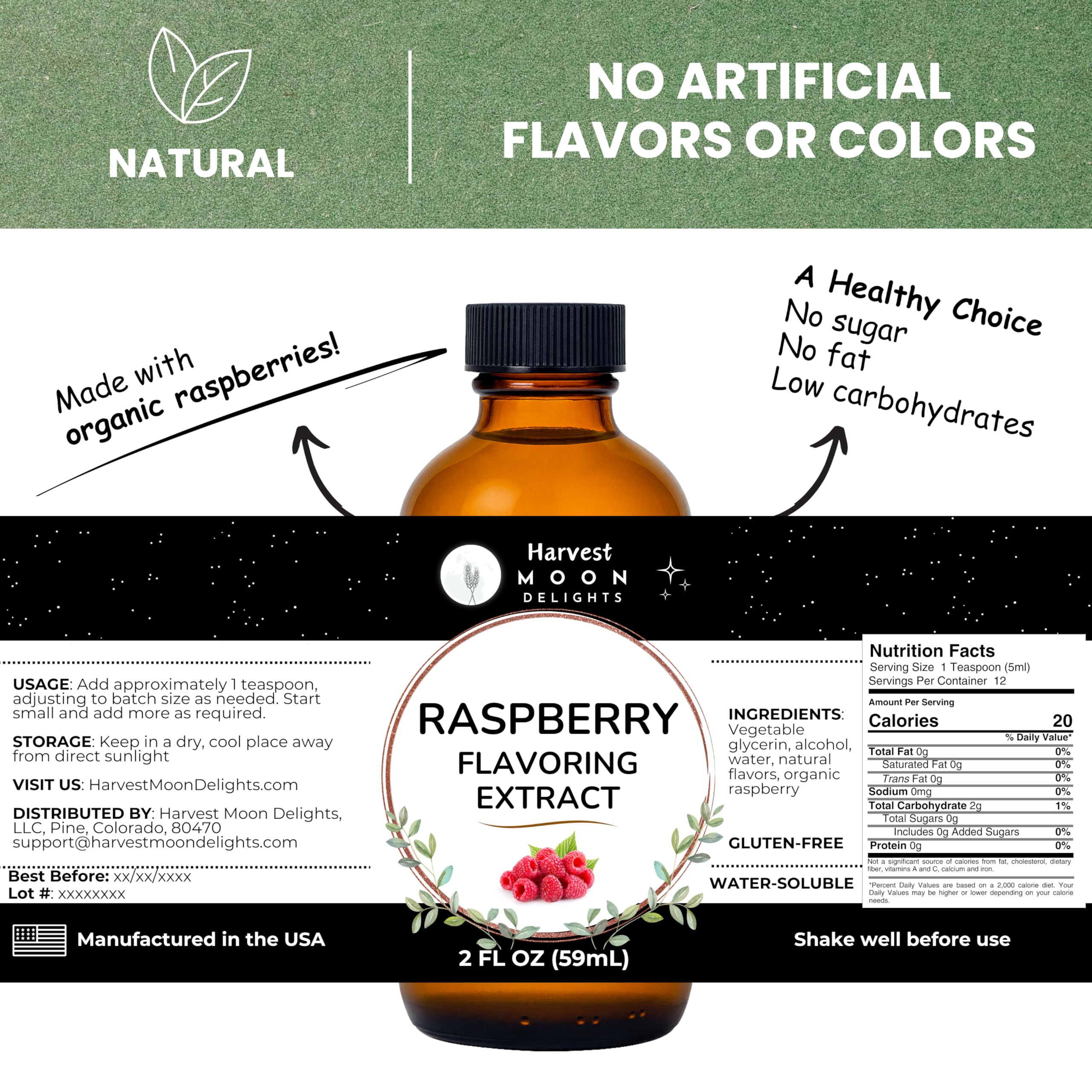 Close-up of Harvest Moon Delights raspberry extract label for flavoring desserts and drinks