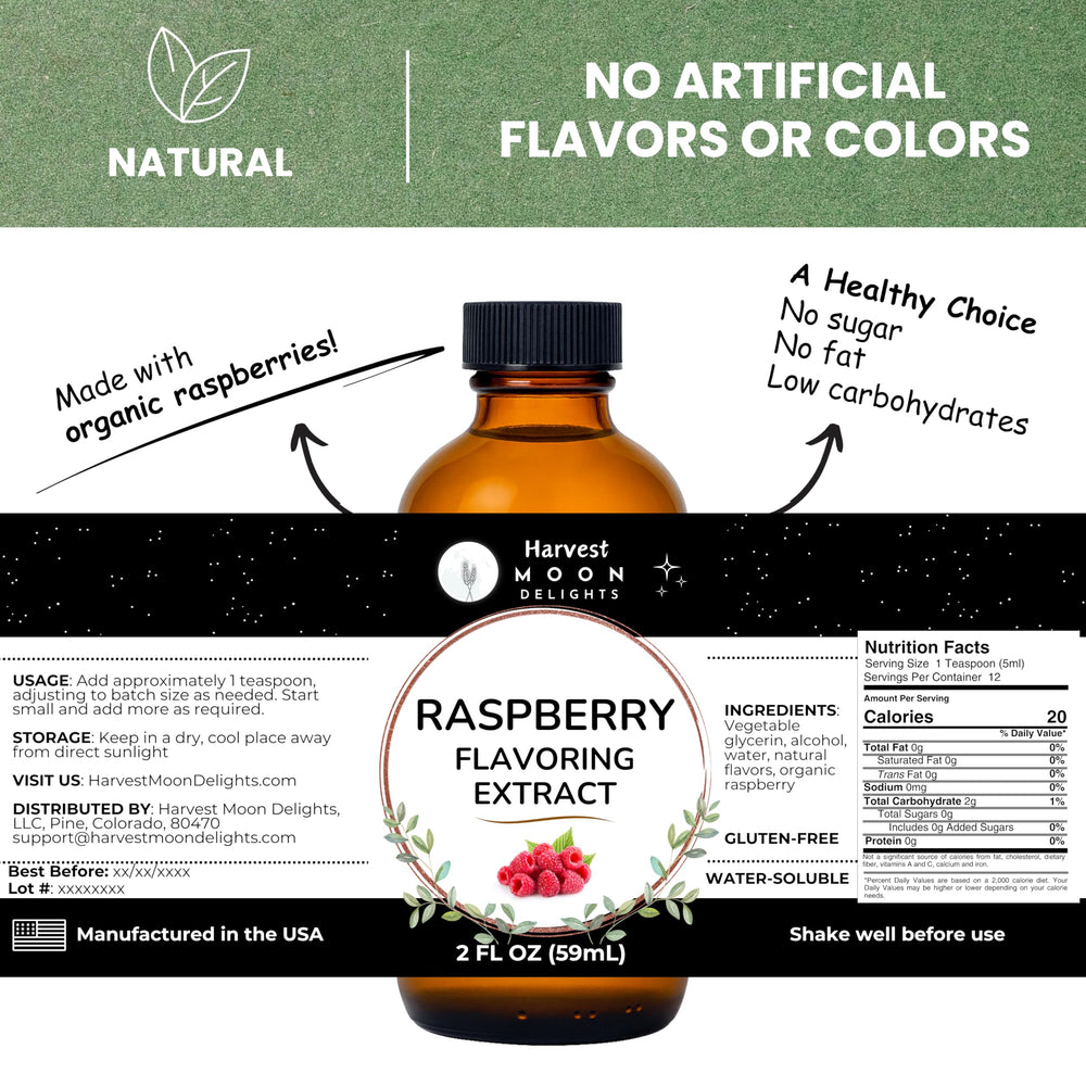 Close-up of Harvest Moon Delights raspberry extract label for flavoring desserts and drinks