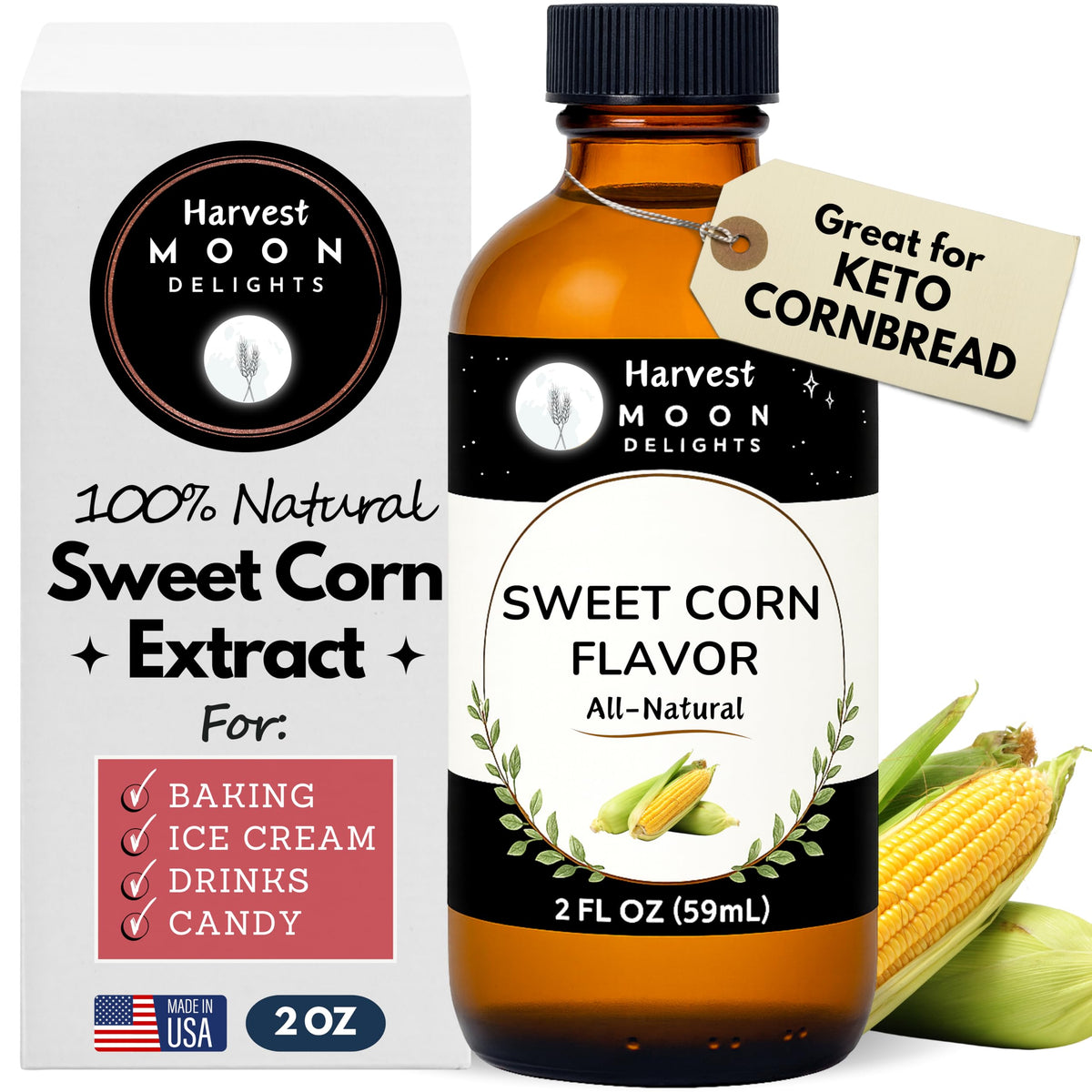 Harvest Moon Delights sweet corn flavor 2oz bottle showing authentic baking aroma