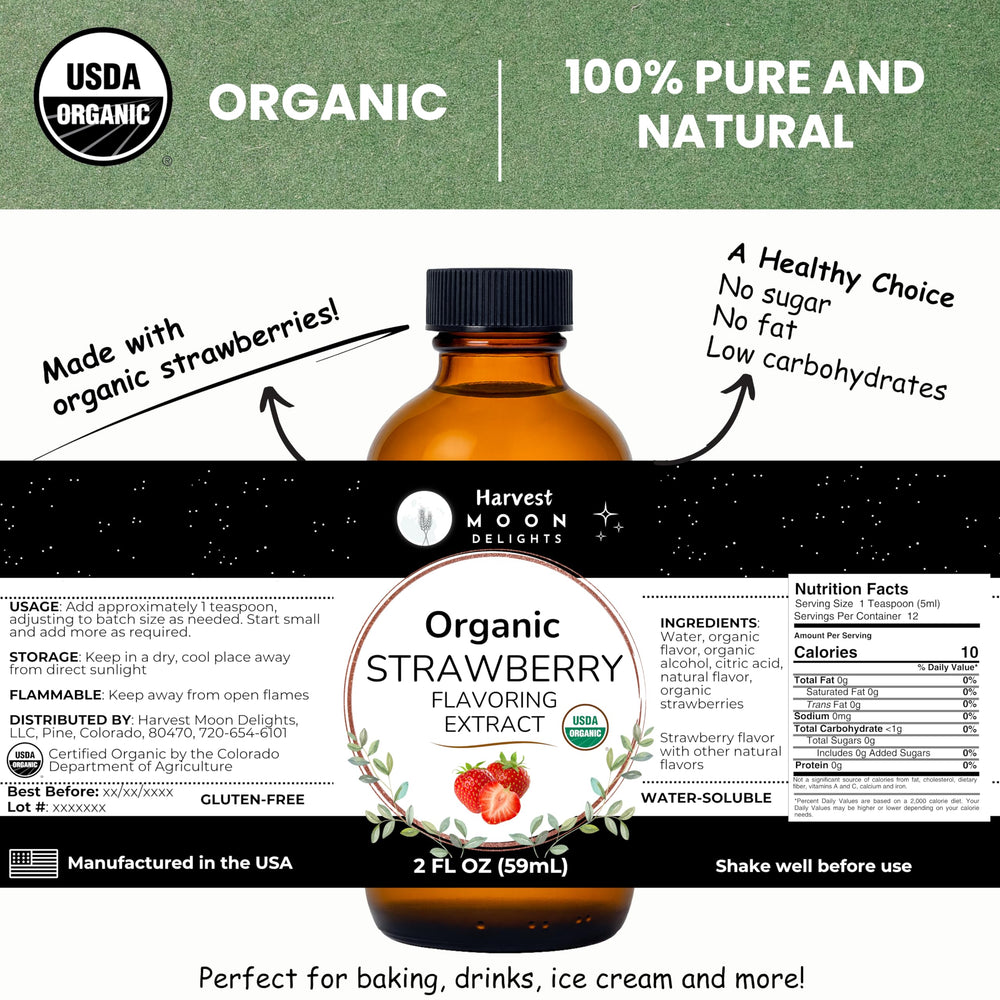 Harvest Moon Delights water-soluble strawberry extract bottle ideal for ice cream and desserts.