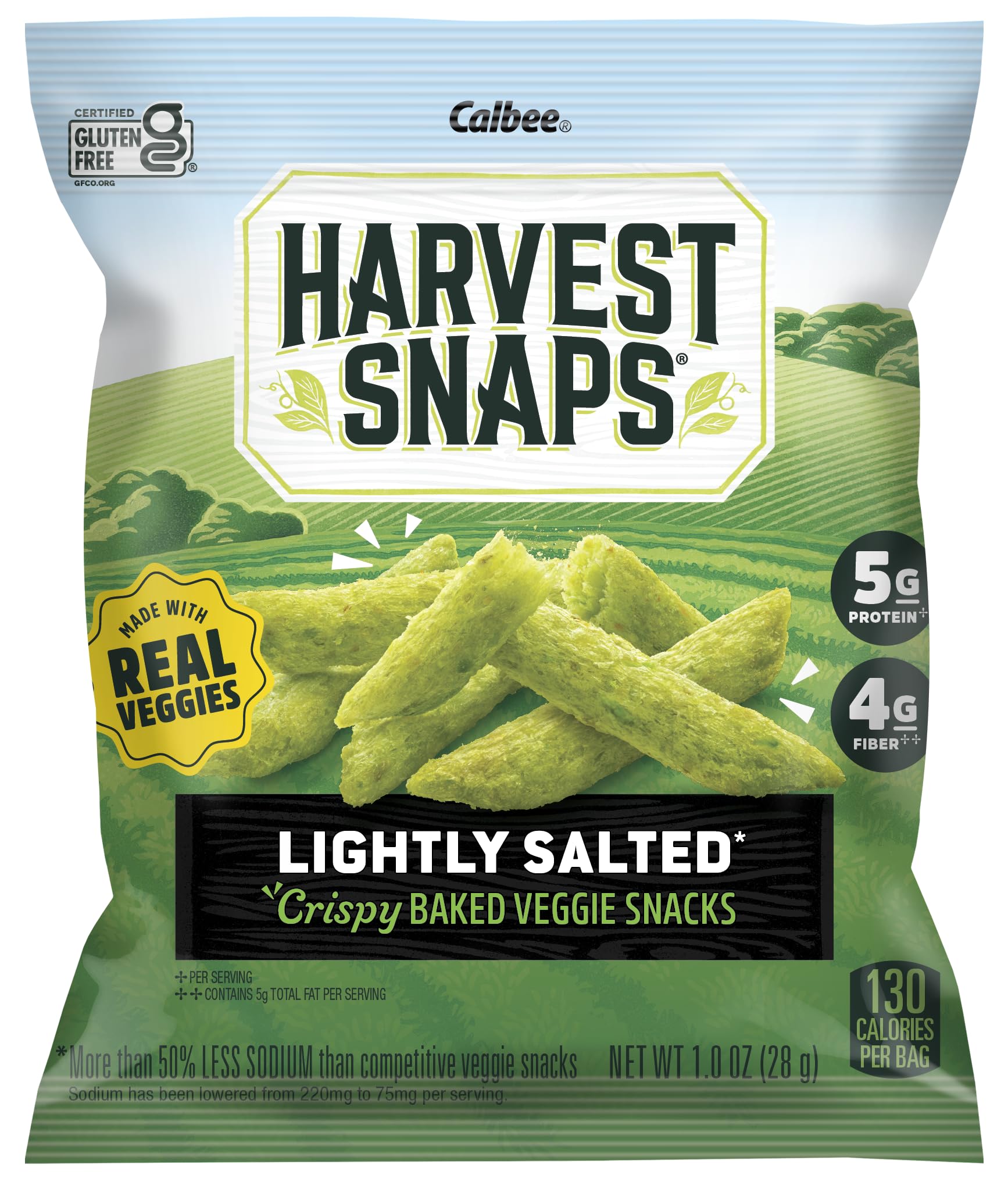 Harvest Snaps Gluten-free Non-GMO Veggie Snacks packaging scene highlighting clean ingredients.
