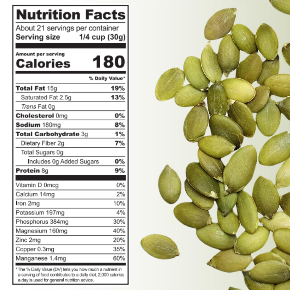 Harvested For You organic pumpkin seeds ingredients; clean, single-ingredient crunch for meals.