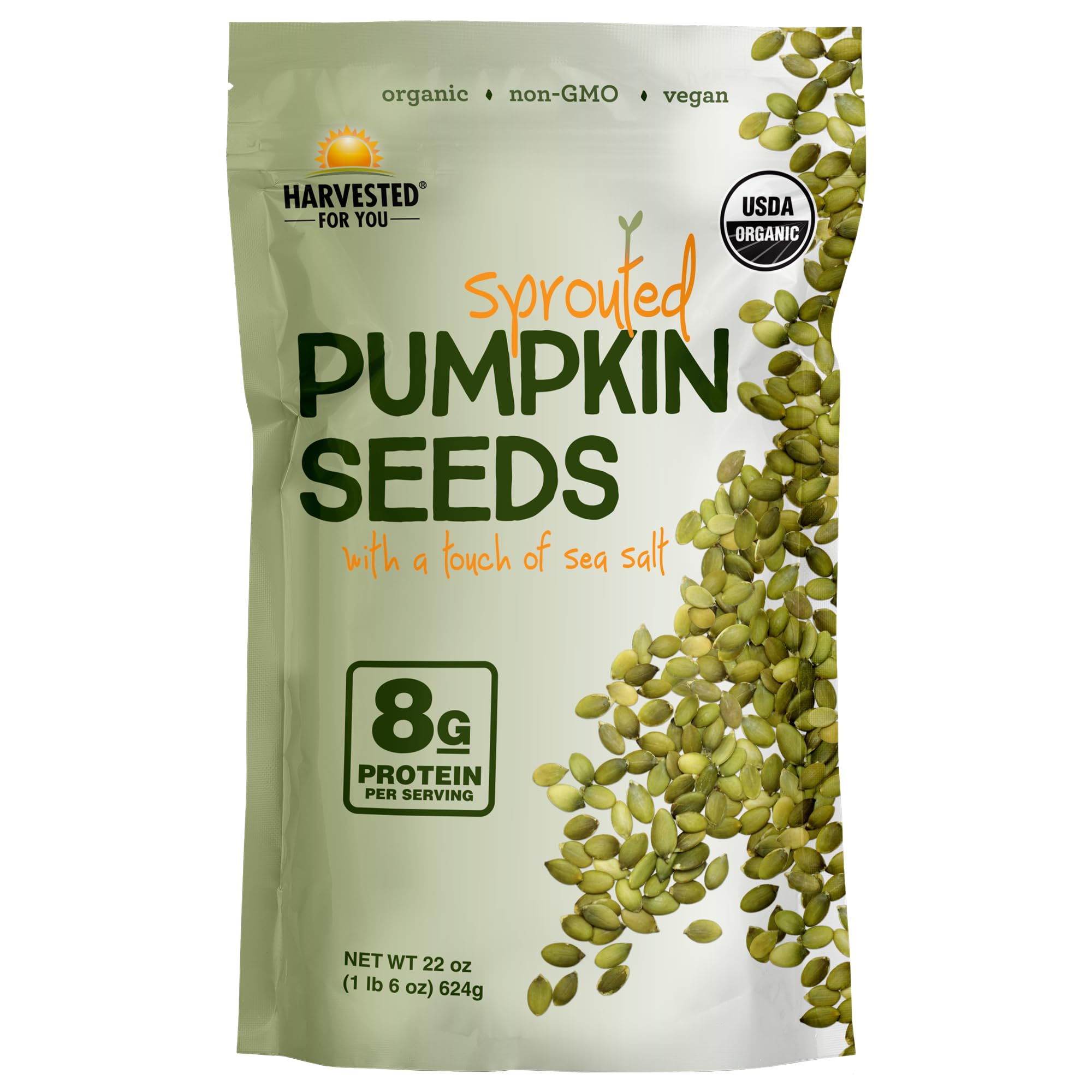 Harvested For You sea salted sprouted pumpkin seeds in a bag; protein-rich, ready-to-eat.