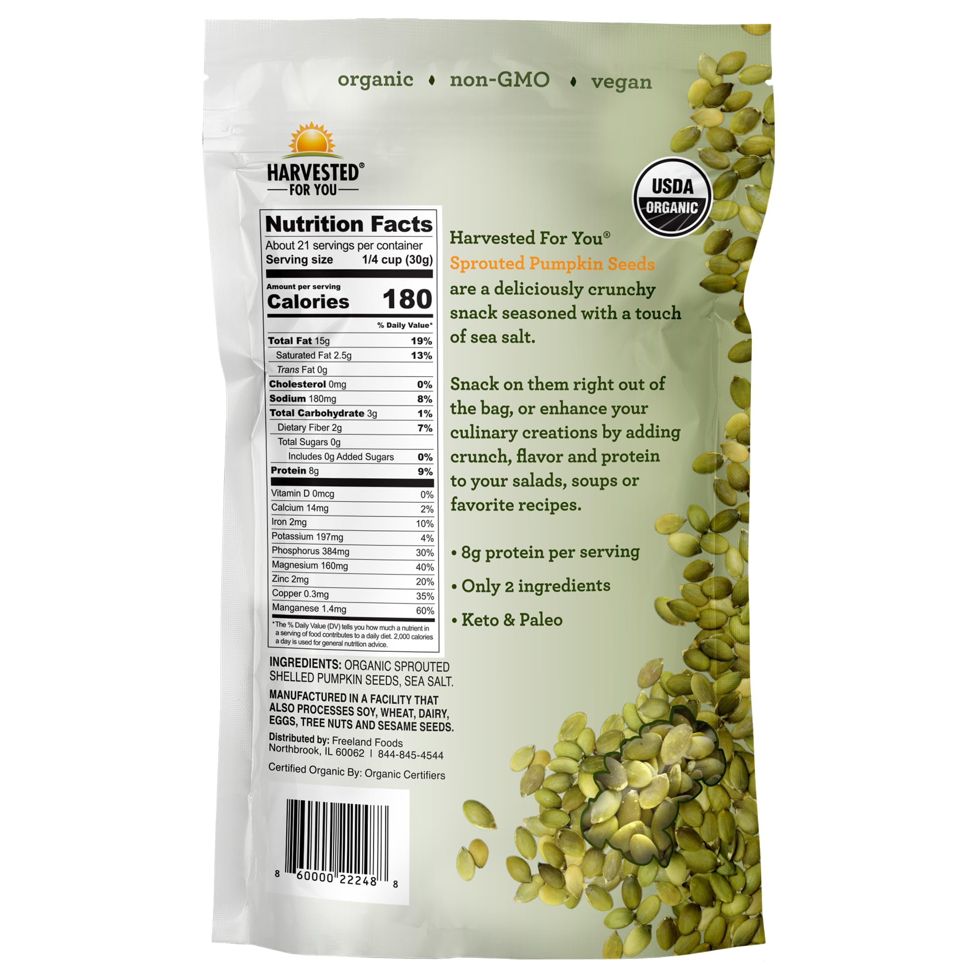 Harvested For You sprouted pumpkin seeds closeup; nutrient-dense crunch ideal for snacks.