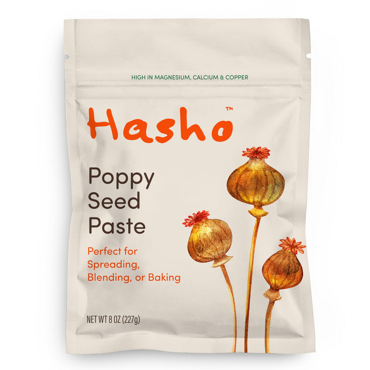 Hasho double-roasted poppy seed paste bottle pour highlights easy, mess-free serving.