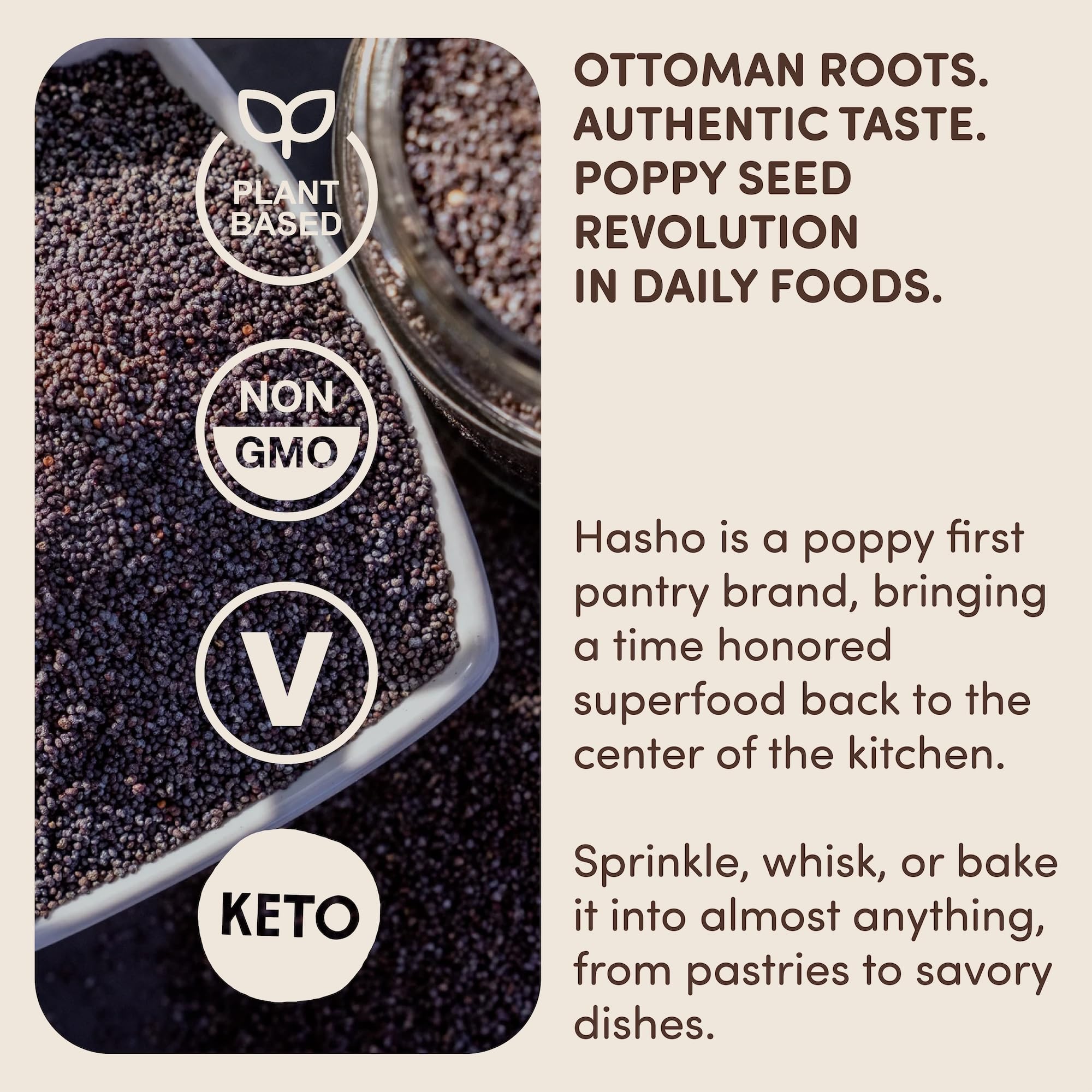Hasho packaging and label clearly mark a convenient, pantry-friendly product.