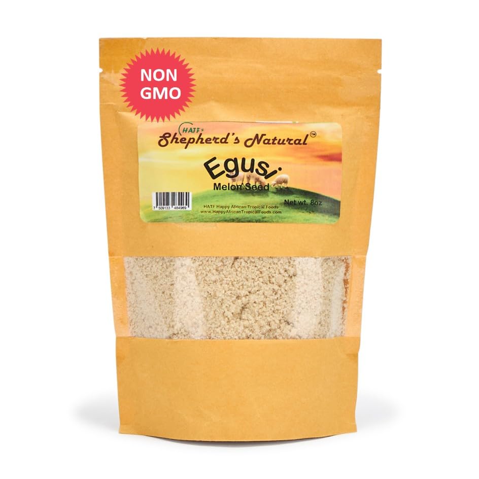 Hatf's Shepherd's Natural Egusi powder packaging preserves freshness and easy resealability.