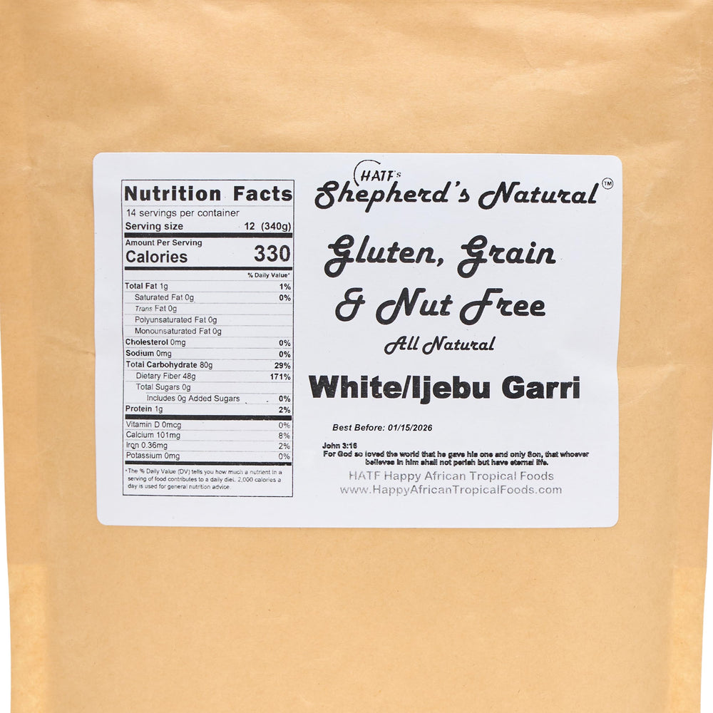 Close-up of Hatf's garri showing sour aroma and fine texture