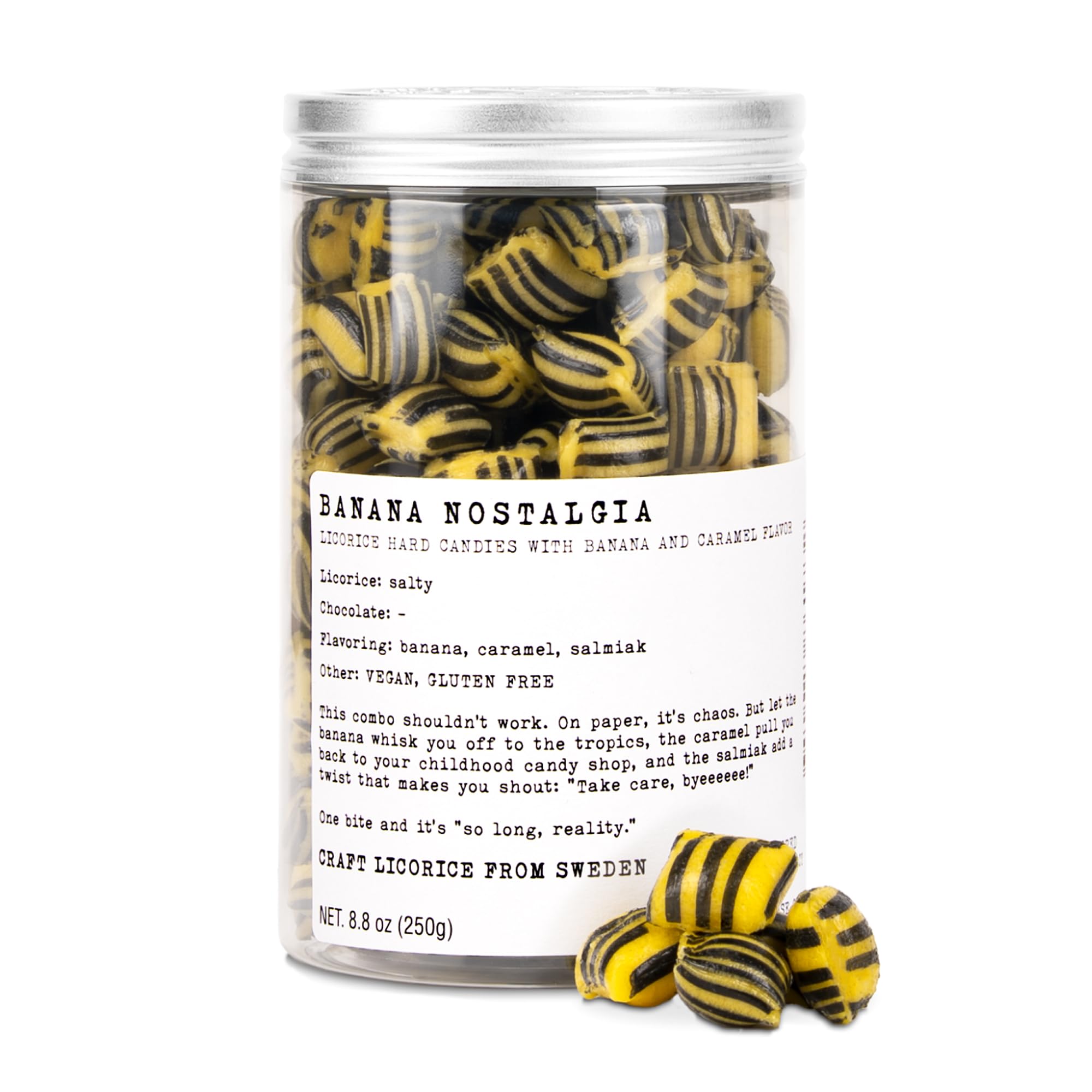 Haupt Lakrits Banana Nostalgia licorice bar with banana and salmiak, intense flavor for licorice lovers.