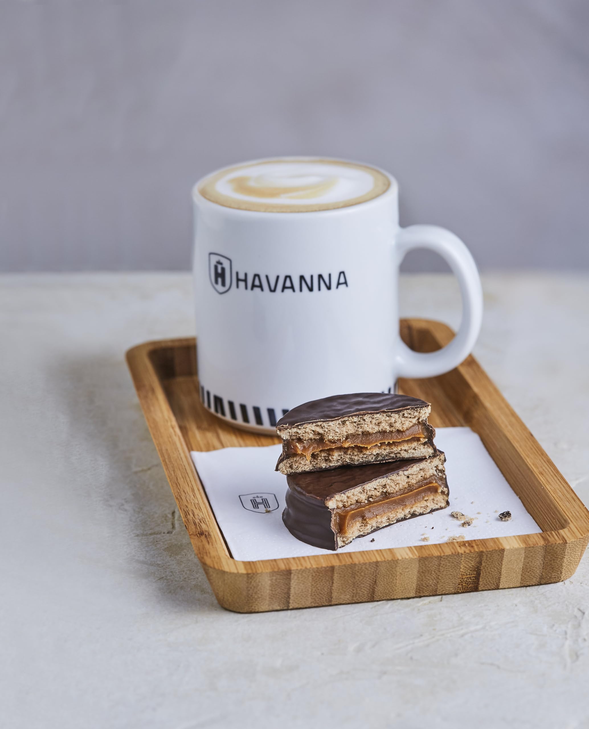 Havanna Alfajores Argentinos semi-sweet chocolate glaze close-up, glossy finish