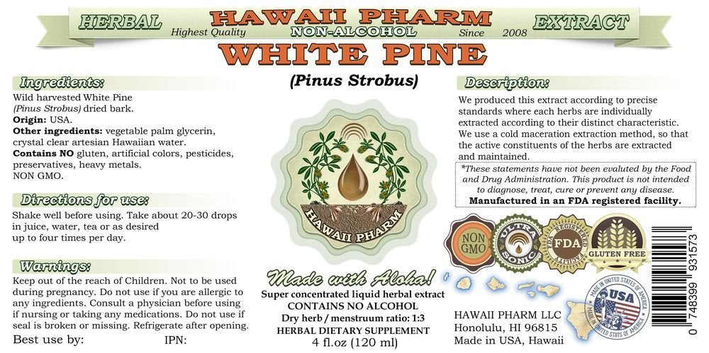 Hawaii Pharm White Pine glycerite dropper: precise dosing for convenient, alcohol-free relief.