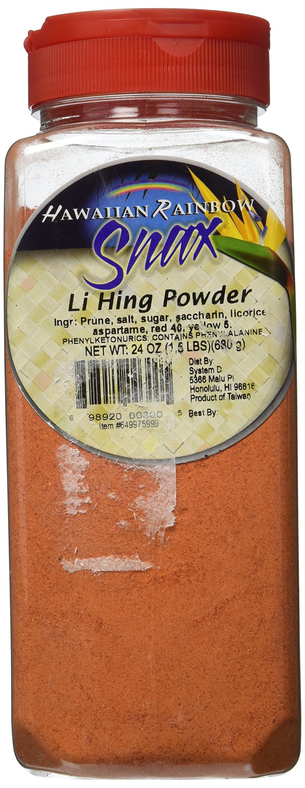 Hawaii Rainbow Snax Li Hing Mui Plum Powder 24oz jar enhances fruits and snacks.