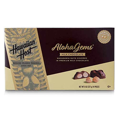 Hawaiian Host Aloha Gems milk chocolate macadamias in 8oz box, ideal for gifting.