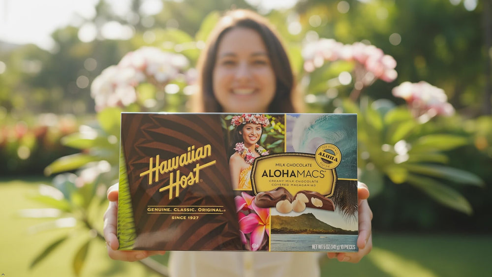 Hawaiian Host AlohaMacs gift-ready 5 oz box ideal for sharing or gifting.
