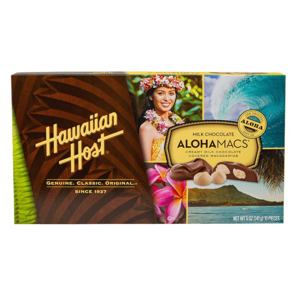 Hawaiian Host Aloha Macs box with milk chocolate macadamias, ideal as a gift.