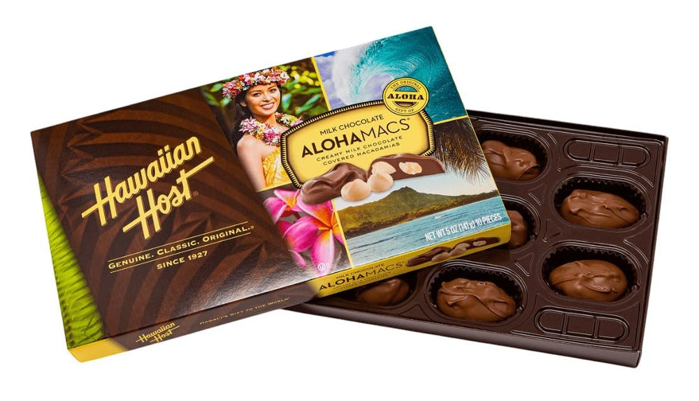 Close-up of glossy milk chocolate coating on macadamias from Hawaiian Host.