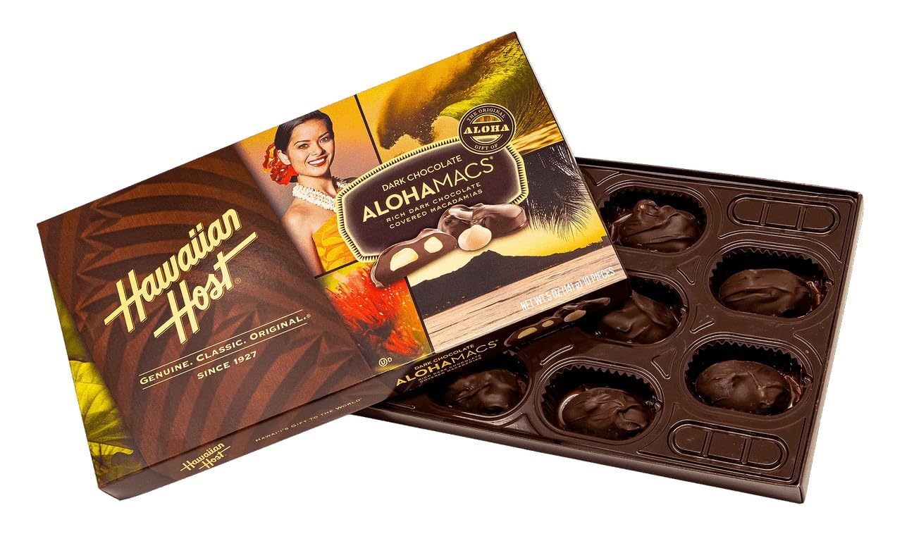 Hawaiian Host Alohamacs dark chocolate macadamias close-up showing glossy coating.