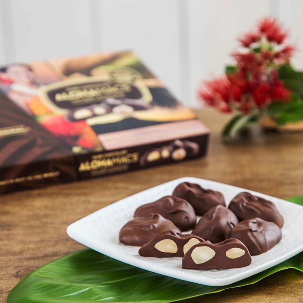 Hawaiian Host Alohamacs dark chocolate macadamias gift-ready presentation.
