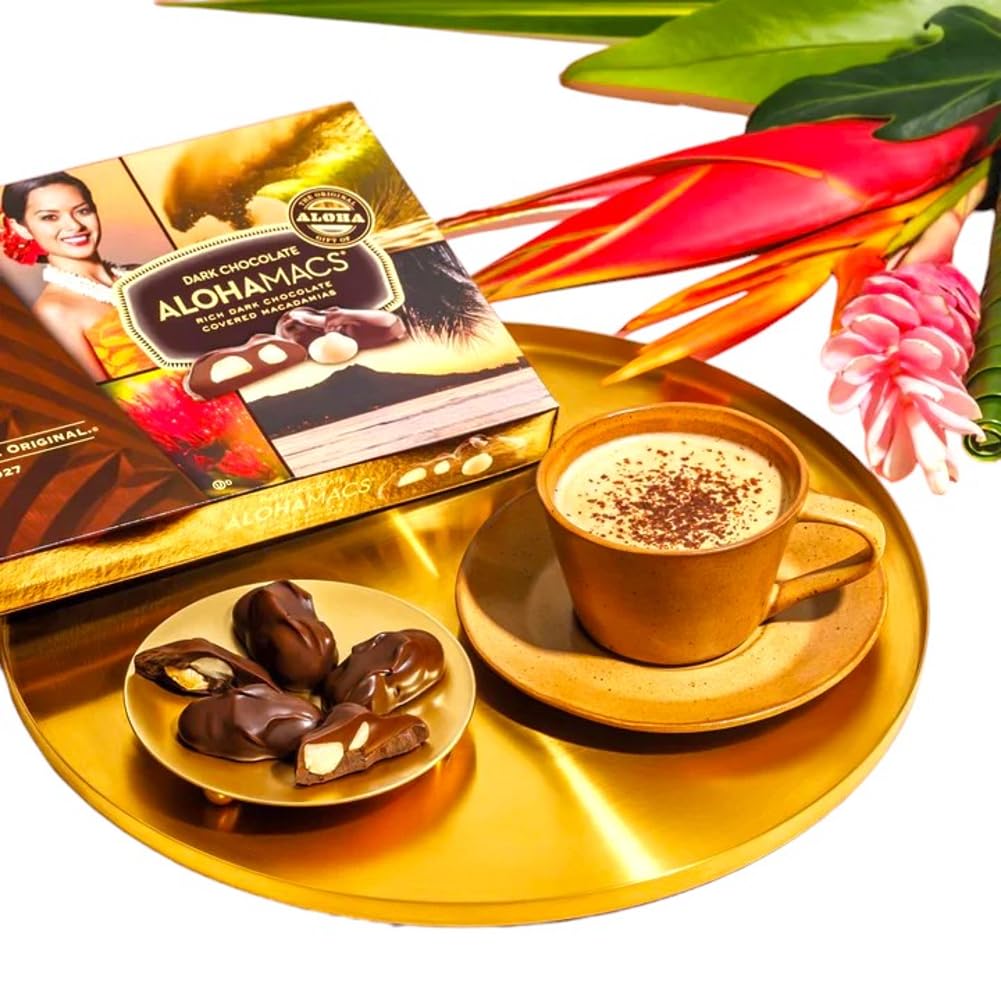 Hawaiian Host Alohamacs dark chocolate macadamias close-up texture and crunch.