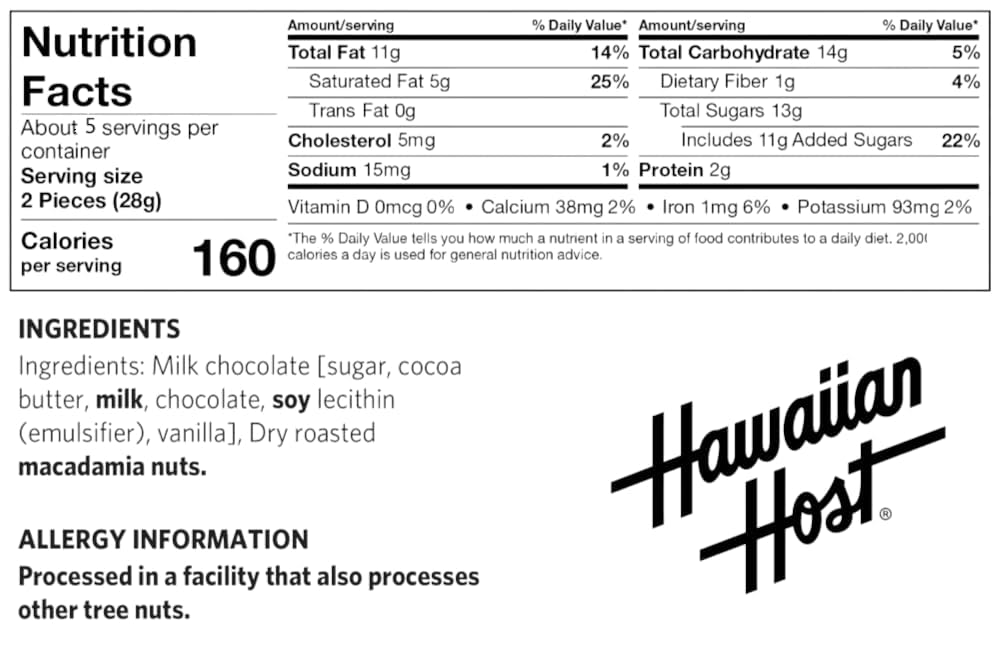 Hawaiian Host Alohamacs milk chocolate 3-pack box close-up.
